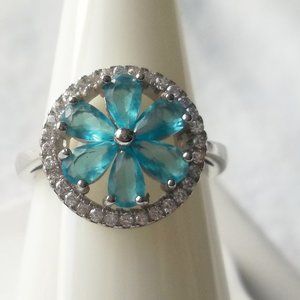 Aquamarine flower gemstone, engagement ring, 925 silver, promise ring, size 6.5